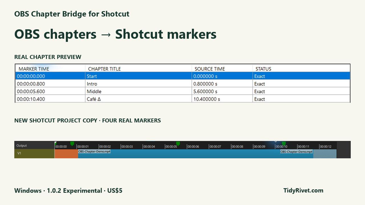 OBS Chapter Bridge previews four chapters and shows four matching markers in a separate Shotcut project copy.