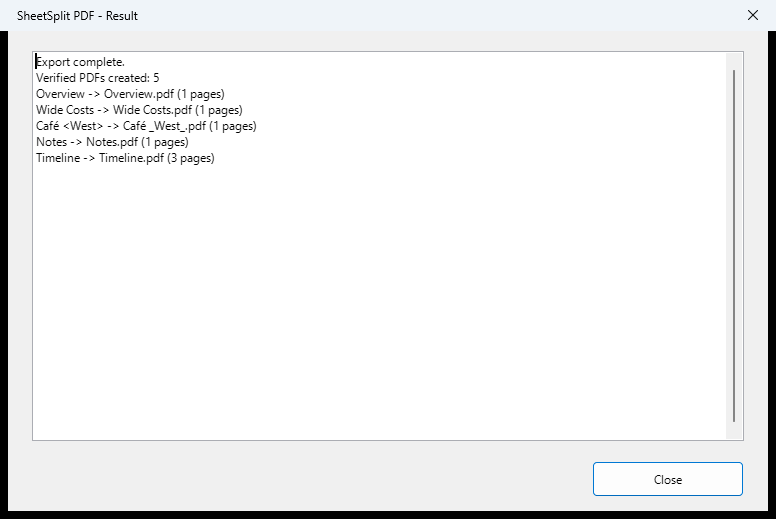SheetSplit PDF result showing five separately named PDFs, including a three-page Timeline PDF and a sanitized filename.