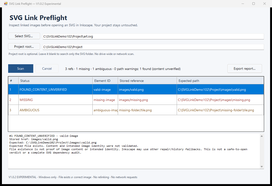 SVG Link Preflight showing found-content-unverified, missing and ambiguous references in an approved synthetic SVG example.